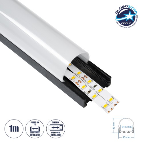 GloboStar® SURFACEPENDANT-PROFILE 70872-1M Προφίλ Αλουμινίου - Βάση & Ψύκτρα Ταινίας LED με Λευκό Γαλακτερό Κάλυμμα - Επιφανειακή & Κρεμαστή Χρήση - Πατητό Κάλυμμα - Μαύρο - 1 Μέτρα - Μ100 x Π4.5 x Υ4.2cm