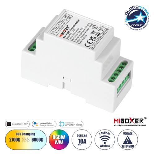 GloboStar® MiBOXER-LS2S 71415 DC WiFi & RF 2.4Ghz Dimmer High Speed Controller 5 Καναλιών DC 12-24V 5 x 6A 144W - Max 10A 240W - IP20 RGBW+WW - Din Rail Ράγας - Μ9 x Π3.4 x Υ6cm - 5 Years Warranty