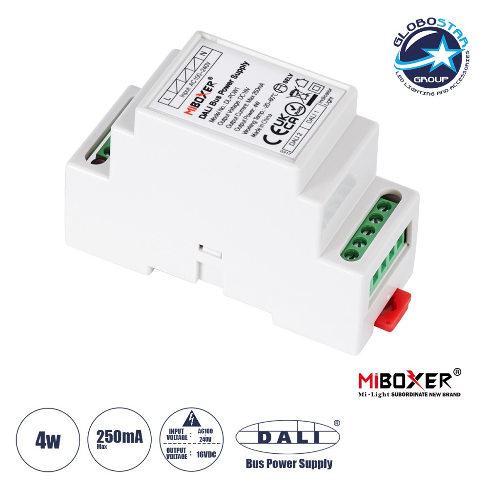 GLOBOSTAR® MiBOXER-DL-POW1 71420 DC DALI BUS Τροφοδοτικό/Μετασχηματιστής SELV Ράγας με 2 x 125mA 2W Κανάλια AC 220-240V σε DC 16V 250mA 4W Max IP20 - DALI BUS - Μ9 x Π3.4 x Υ6cm - 5 Χρόνια Εγγύηση