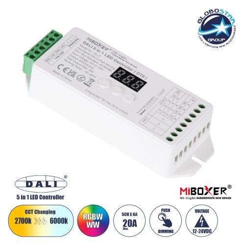 GLOBOSTAR® MiBOXER-DL-X 71423 DC DALI BUS & Push Dimmer / Controller με 5 x 6A 144W Κανάλια DC 12-24V 20A 480W Max IP20 - DALI BUS & Push Dimming - Μ13 x Π5 x Υ2.5cm - 5 Χρόνια Εγγύηση