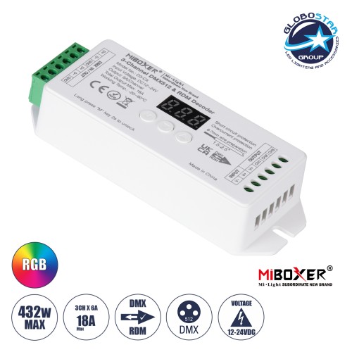 GloboStar® MiBOXER-D3-CX 71425 DC DMX & RDM Dimmer High Speed Controller / Decoder 3 Καναλιών DC 12-24V 3 x 6A 144W - Max 18A 432W - IP20 Μ13 x Π5 x Υ2.5cm - 5 Years Warranty