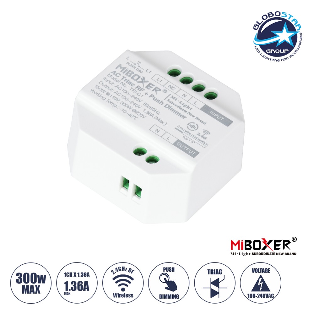 GLOBOSTAR® MiBOXER-TRI-C1 71432 AC Triac RF 2.4Ghz & Push Dimmer με 1 x 1.36A 300W Κανάλι AC 220-240V 1.36A 300W Max IP20 - RF 2.4Ghz & Push Dimming - Μ5 x Π5 x Υ2.3cm - 5 Χρόνια Εγγύηση
