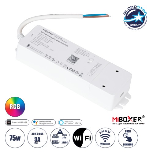 GloboStar® MiBOXER-WL3-P75V24 71439 DC Smart Wifi & RF 2.4Ghz & Push Dimming Power Supply Τροφοδοτικό SELV & Controller / Dimmer All in One 3 Καναλιών AC100-240V σε DC 24V 3 x 0.6A 14.4W - Max 3A 75W - IP20 RGB Μ19 x Π5.5 x Υ3.2cm - 5 Years Wa