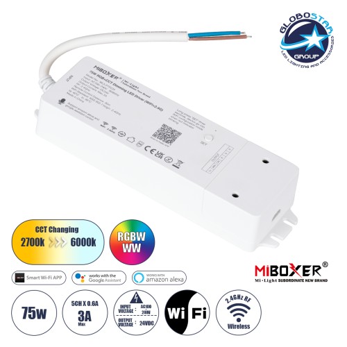GloboStar® MiBOXER-WL5-P75V24 71441 DC Smart Wifi & RF 2.4Ghz Power Supply Τροφοδοτικό SELV & Controller / Dimmer All in One 5 Καναλιών AC100-240V σε DC 24V 5 x 0.6A 14.4W - Max 3A 75W - IP20 RGBW+WW Μ19 x Π5.5 x Υ3.2cm - 5 Years Warranty
