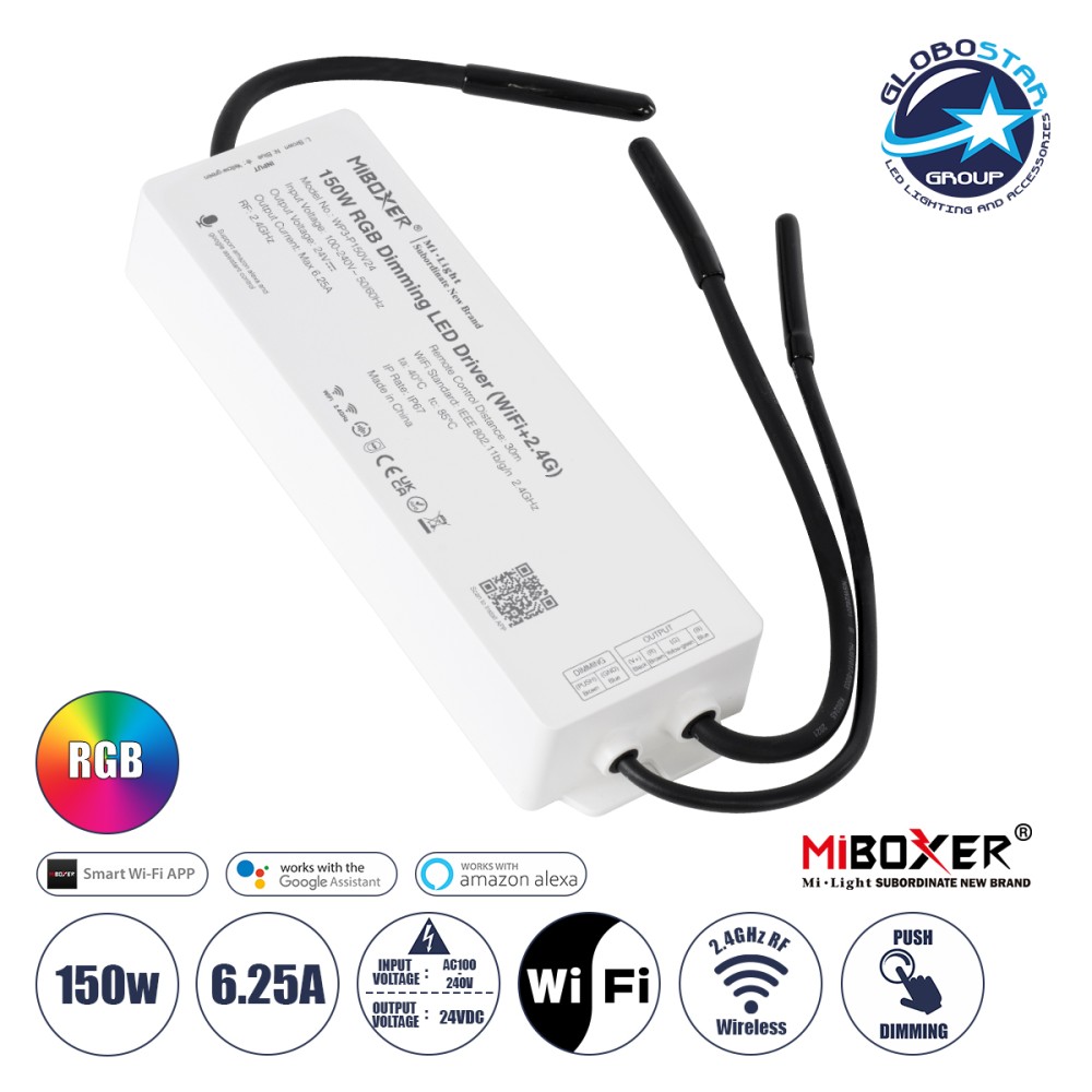 GloboStar® MiBOXER WP3-P150V24 71442 DC Smart Wifi & RF 2.4Ghz Power Supply Τροφοδοτικό SELV & Controller / Dimmer All in One 3 Καναλιών AC100-240V σε DC 24V 3 x 2.1A 50W - Max 6.25A 150W - Αδιάβροχο IP67 RGB Μ22.5 x Π7.3 x Υ3.5cm - 5 Years Warran