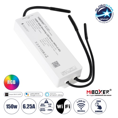 GloboStar® MiBOXER WP3-P150V24 71442 DC Smart Wifi & RF 2.4Ghz Power Supply Τροφοδοτικό SELV & Controller / Dimmer All in One 3 Καναλιών AC100-240V σε DC 24V 3 x 2.1A 50W - Max 6.25A 150W - Αδιάβροχο IP67 RGB Μ22.5 x Π7.3 x Υ3.5cm - 5 Years Warran