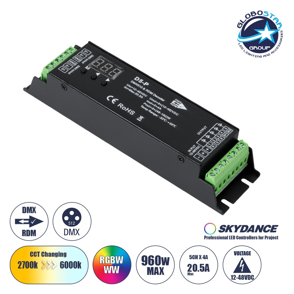 GLOBOSTAR® SKYDANCE-D5-P 71445 DC DMX Master Dimmer / Controller / Decoder Υψηλής Ταχύτητας με 5 x 4A 192W Κανάλια DC 12-48V 20.5A 960W Max IP20 - DMX512 & RDM - Μ17.5 x Π4.5 x Υ3.5cm - 5 Χρόνια Εγγύηση