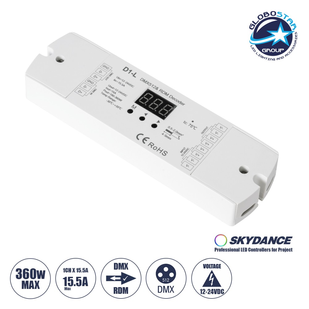 GLOBOSTAR® SKYDANCE-D1-L 71446 DC DMX Master Dimmer / Controller / Decoder Υψηλής Ταχύτητας με 1 x 15.5A 360W Κανάλια DC 12-24V 15.5A 360W Max IP20 - DMX512 & RDM - Μ17 x Π5 x Υ2.5cm - 5 Χρόνια Εγγύηση