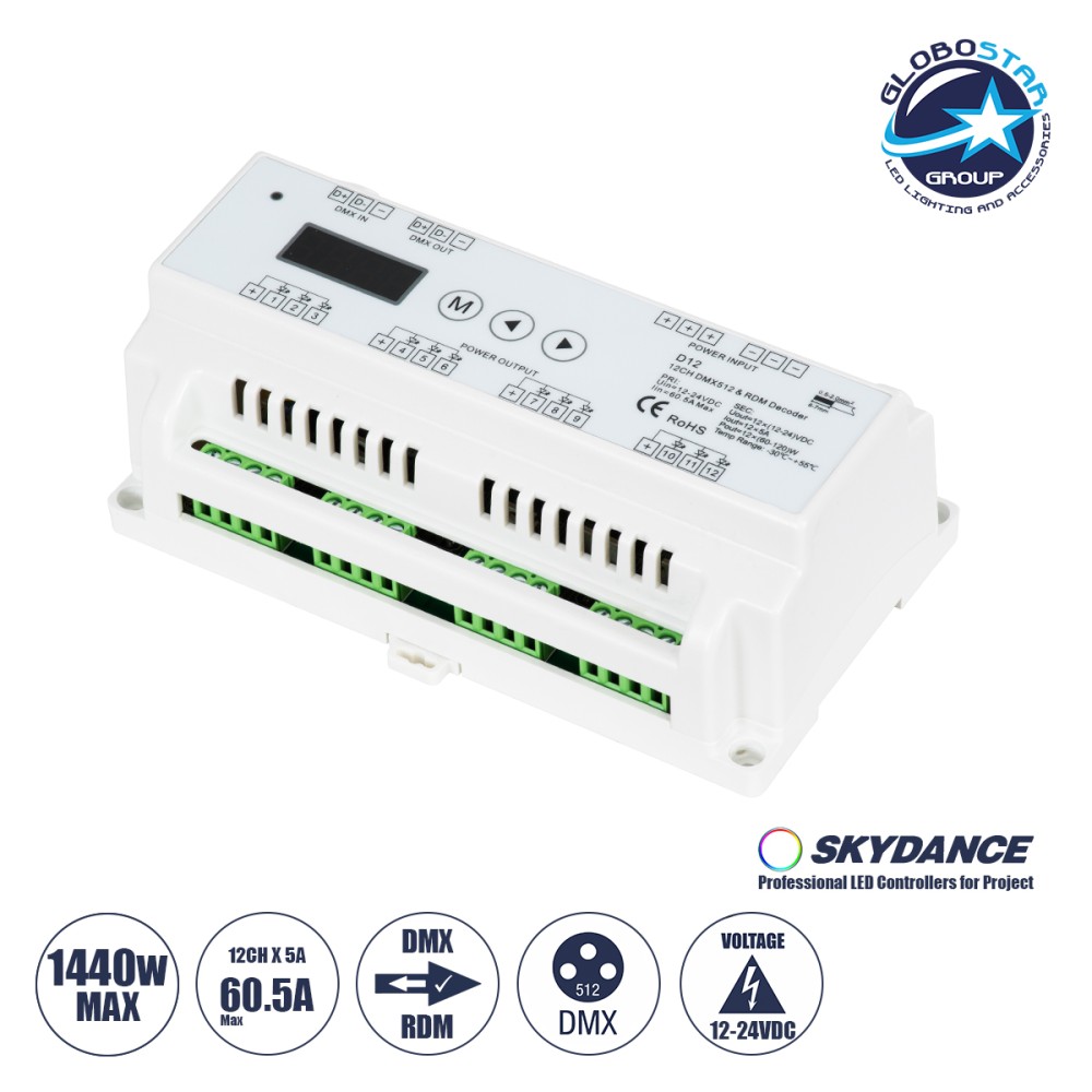 GloboStar® 71449 D12 SKYDANCE DC DMX & RDM Dimmer Din Rail Ράγας High Speed Controller / Decoder / Master 12 Καναλιών DC 12-24V 12 x 5A 120W - Max 60.5A 1440W - IP20 Μ15.5 x Π9 x Υ6cm - 5 Years Warranty