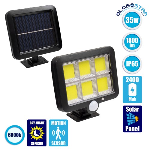 GLOBOSTAR® ZETA 71463 Προβολέας με Ανιχνευτή PIR / Αισθητήρα Κίνησης LED 20W 600lm 120° DC 5V με Φωτοβολταϊκό Panel 5V 1W & Επαναφορτιζόμενη Μπαταρία Li-ion 3.2V 2400mAh Αδιάβροχο IP65 Ψυχρό Λευκό 6000K - Sanan COB Chip - Μαύρο - Μ15 x Π3.5 x Υ13cm - 