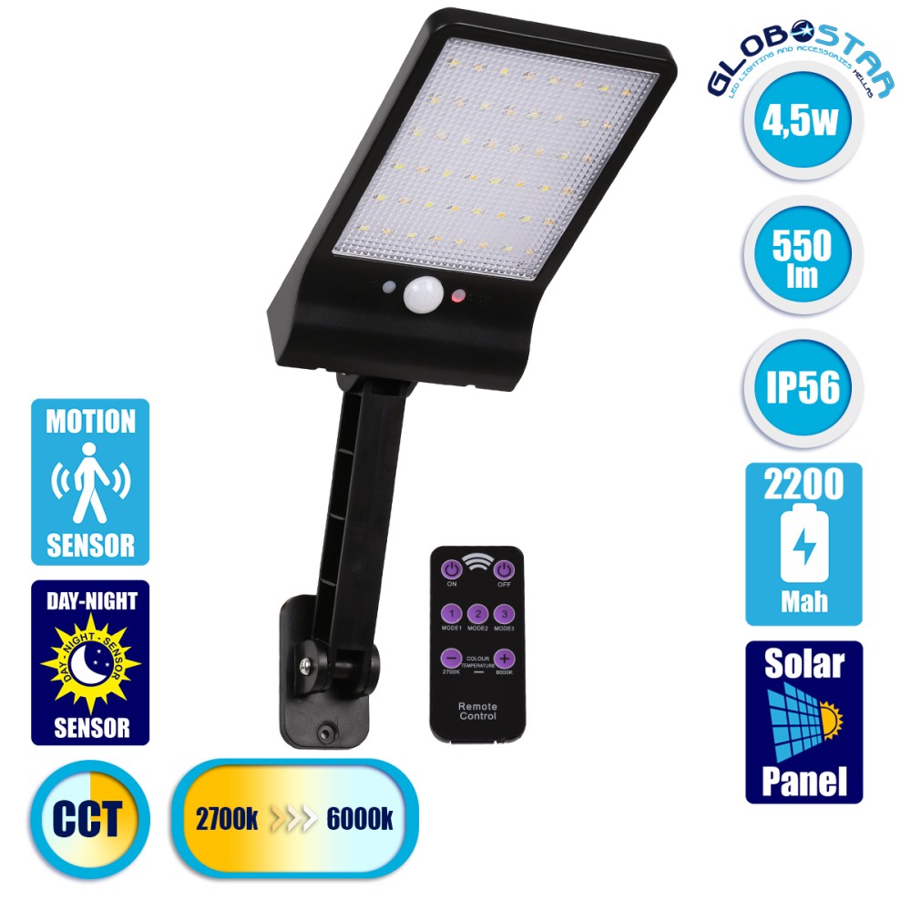 GLOBOSTAR® RASOL 71465 Προβολέας με Ανιχνευτή PIR / Αισθητήρα Κίνησης LED 4W 200lm 120° DC 5V με Φωτοβολταϊκό Panel 5V 0.3W & Επαναφορτιζόμενη Μπαταρία Li-ion 3.2V 2200mAh Αδιάβροχο IP65 Ρυθμιζόμενο Λευκό CCT με Χειριστήριο από 2700K έως 6000K Dimmabl