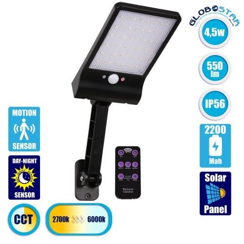 GLOBOSTAR® RASOL 71465 Προβολέας με Ανιχνευτή PIR / Αισθητήρα Κίνησης LED 4W 200lm 120° DC 5V με Φωτοβολταϊκό Panel 5V 0.3W & Επαναφορτιζόμενη Μπαταρία Li-ion 3.2V 2200mAh Αδιάβροχο IP65 Ρυθμιζόμενο Λευκό CCT με Χειριστήριο από 2700K έως 6000K Dimmabl