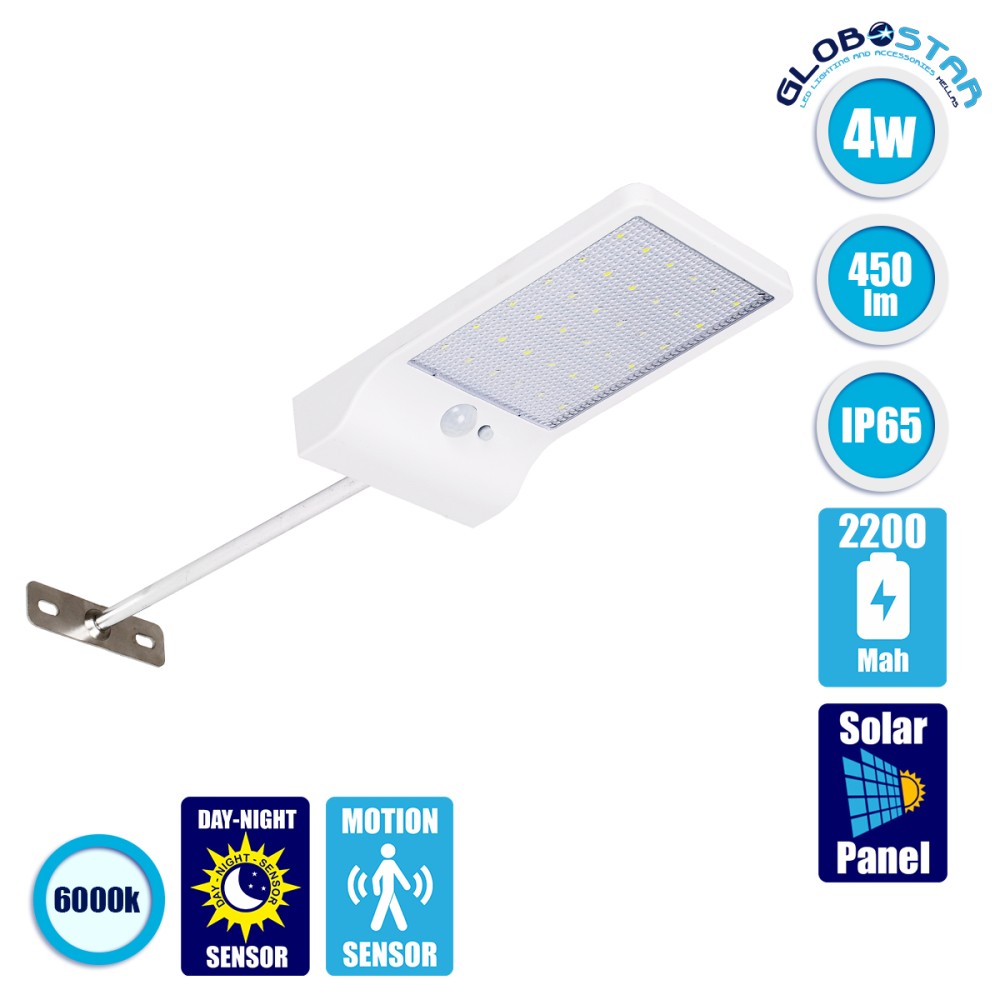 GLOBOSTAR® RASOL 71467 Προβολέας με Ανιχνευτή PIR / Αισθητήρα Κίνησης LED 4W 200lm 120° DC 5V με Φωτοβολταϊκό Panel 5V 0.3W & Επαναφορτιζόμενη Μπαταρία Li-ion 3.2V 2200mAh Αδιάβροχο IP65 Ψυχρό Λευκό 6000K - Sanan SMD Chip - Λευκό - Μ18.5 x Π11 x Υ3cm 