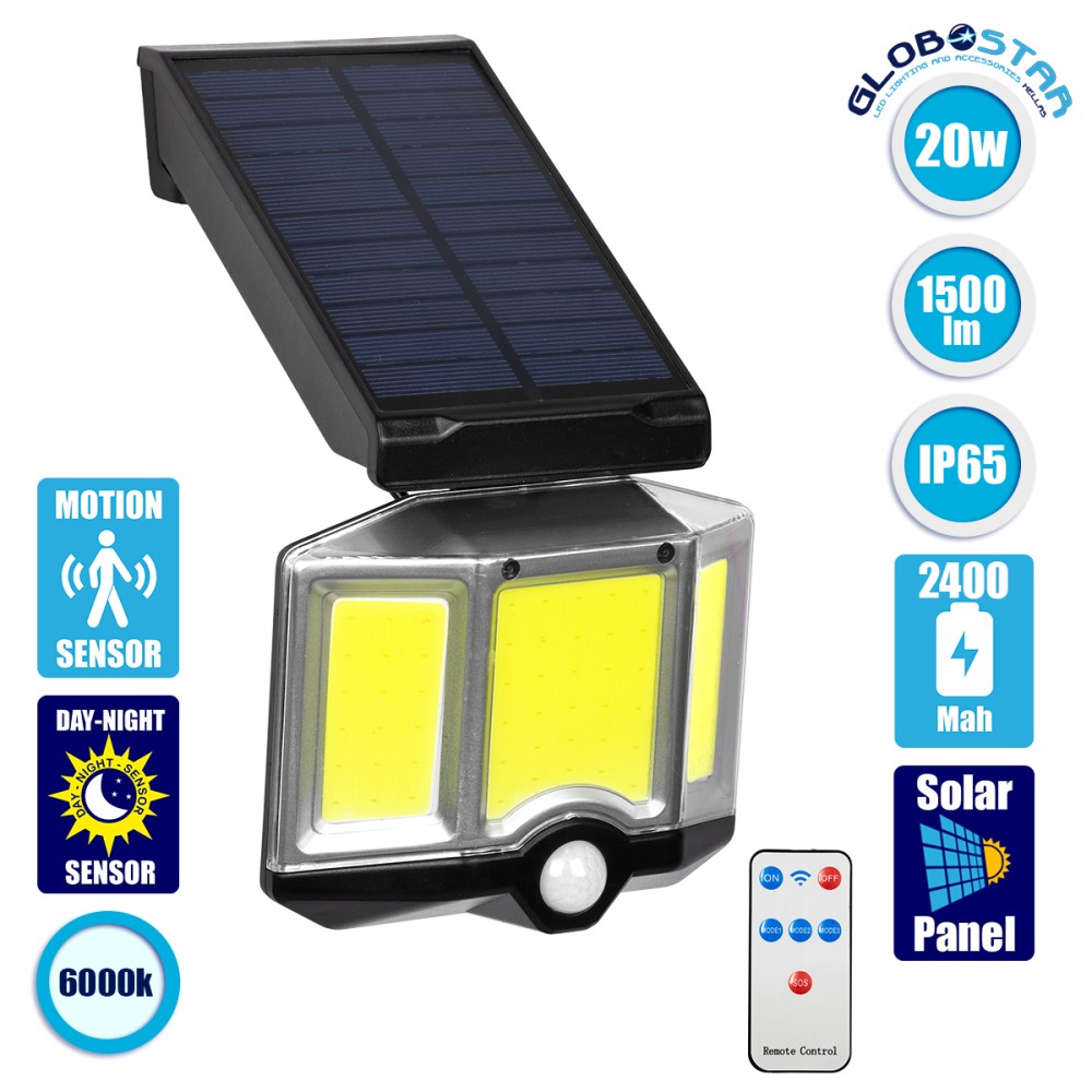 GLOBOSTAR® ORVION 71482 Προβολέας με IR Ασύρματο Χειριστήριο LED 20W 1000lm 120° DC 5V με Φωτοβολταϊκό Panel 5V 1W & Επαναφορτιζόμενη Μπαταρία Li-ion 3.2V 2400mAh Αδιάβροχο IP65 Ψυχρό Λευκό 6000K Dimmable - Sanan COB Chip - Μαύρο - Μ12.5 x Π3.5 x Υ10c