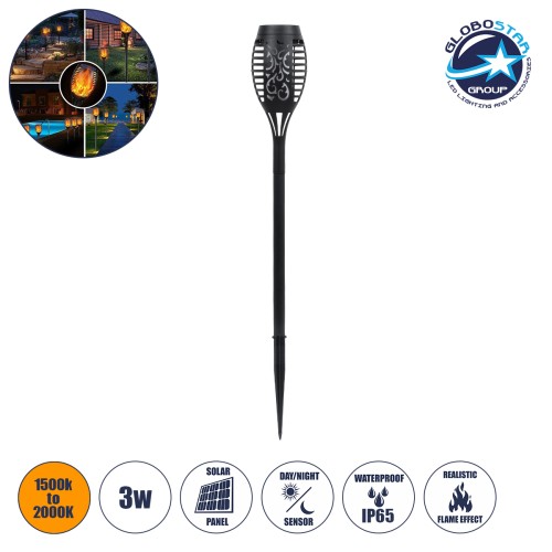 GLOBOSTAR® SOLARDECOR 71527 Διακοσμητικό Φωτιστικό Κήπου LED 3W 100lm 180° DC 5V με Φωτοβολταϊκό Panel 5V 0.2W & Επαναφορτιζόμενη Μπαταρία Li-ion 3.2V 600mAh Αδιάβροχο IP65 Πορτοκαλί με Εφέ Φλόγας - Μ7 x Π7 x Υ50cm - 2 Χρόνια Εγγύηση