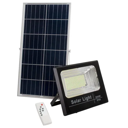 GLOBOSTAR® HERMES 71558 Προβολέας με IR Ασύρματο Χειριστήριο LED 200W 10000lm 120° DC 5V με Φωτοβολταϊκό Panel 5V 20W & Επαναφορτιζόμενη Μπαταρία Li-ion 3.2V 20000mAh Αδιάβροχο IP66 Ψυχρό Λευκό 6000K Dimmable - Sanan SMD Chip - Μαύρο - Μ35 x Π29 x Υ7.