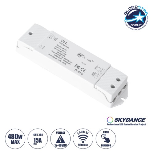 GLOBOSTAR® SKYDANCE-V1-L 71568 DC RF 2.4Ghz & Push Dimmer / Controller με 1 x 15A 480W Κανάλι DC 12-48V 15A 480W Max IP20 - RF 2.4Ghz & Push Dimming - Μ17.5 x Π4.5 x Υ2.5cm - 5 Χρόνια Εγγύηση