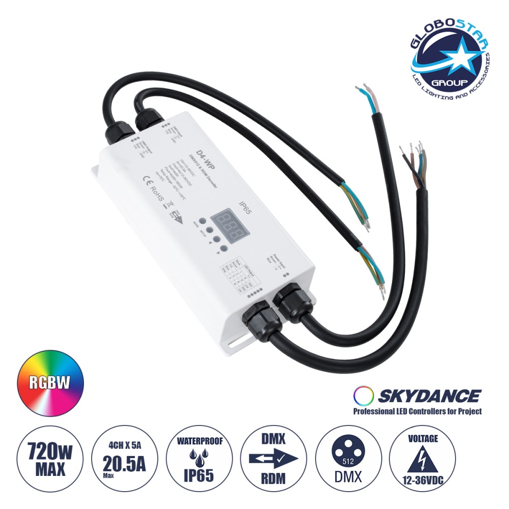 GLOBOSTAR® 71571 SKYDANCE D4-WP SPECTRUM RGBW Controller / Decoder 4CH DC 12-36V 20A 720W Max Αδιάβροχο IP65 - DMX512/RDM + 250-16000Hz PWM + Linear/Logarithmic Dimming Curve + Stand-alone Mode - M17xΠ8xΥ4cm - 5 Χρόνια Εγγύηση