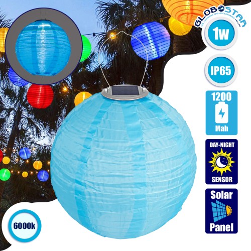 GloboStar® 71594 Αυτόνομο Ηλιακό Φωτιστικό Υφασμάτινη Γαλάζια Μπάλα Φ30cm LED SMD 1W 100lm με Ενσωματωμένη Μπαταρία 1200mAh - Φωτοβολταϊκό Πάνελ με Αισθητήρα Ημέρας-Νύχτας Αδιάβροχο IP65 Ψυχρό Λευκό 6000K