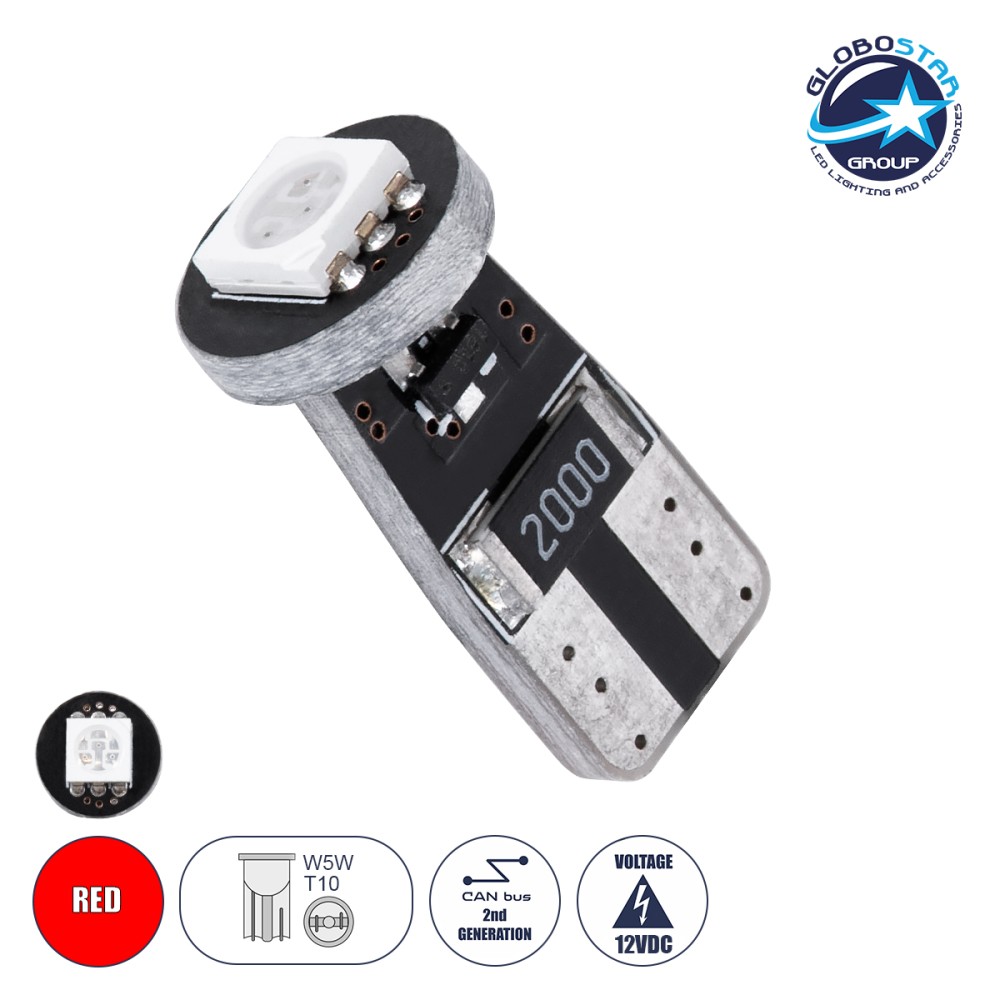 GloboStar® T10 W5W 71740 Λάμπα Αυτοκίνητου LED  2rd Generation Can-Bus Series 1xSMD5050 1.5W 120lm 120° DC 12V IP20 Φ1 x H2.2cm Κόκκινο