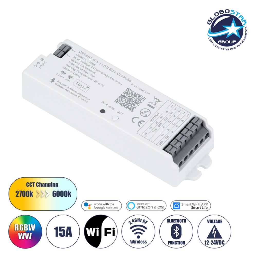 GLOBOSTAR® TUYA-WB5 73008 DC WiFi & Bluetooth Master Dimmer / Controller Υψηλής Ταχύτητας με 5 x 6A 72W Κανάλια DC 12-24V 15A 360W Max IP20 - WiFi & Bluetooth - Μ12.2 x Π3.8 x Υ2.2cm - 5 Χρόνια Εγγύηση