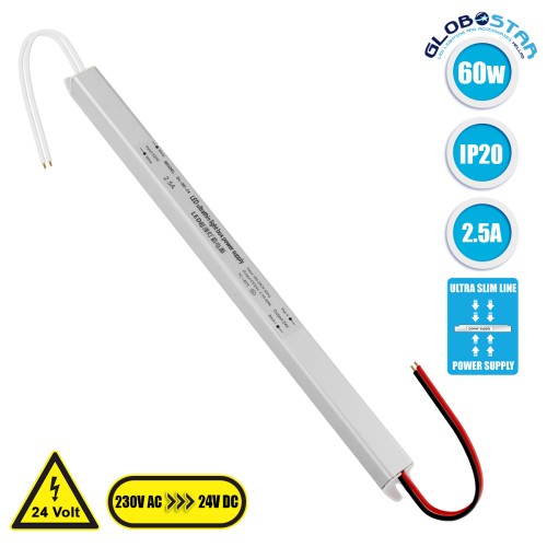 GLOBOSTAR® LUMISLIM 73013 Τροφοδοτικό/Μετασχηματιστής PELV 60W 2.5A DC 24V IP20 - AC 220-240V σε DC 24V - Μ31 x Π1.8 x Υ1.8cm - 3 Χρόνια Εγγύηση