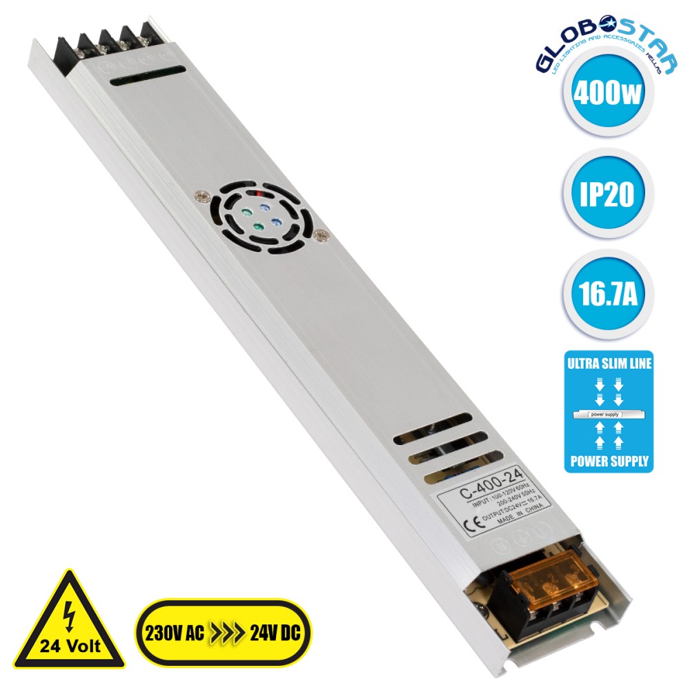GloboStar® 73019 Μεταλλικό Τροφοδοτικό PELV Ultra Slim για Προϊόντα LED 400W 16.7A - AC 220-240V σε DC 24V - IP20 Μ31 x Π5.4 x Υ2.3cm - 3 Years Warranty