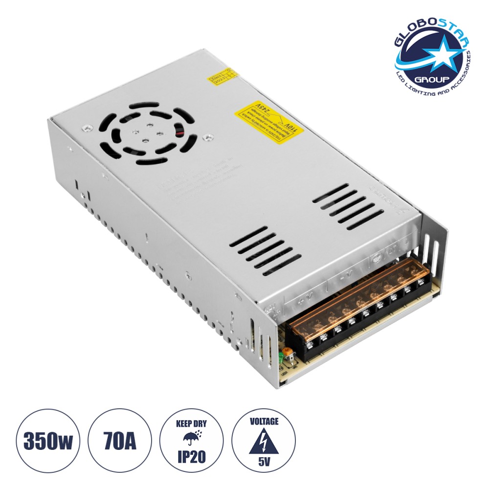 GLOBOSTAR® LUMIVOLT 73022 Τροφοδοτικό/Μετασχηματιστής PELV 350W 70A DC 5V IP20 - AC 220-240V σε DC 5V / Ρυθμιζόμενo από DC 4V έως DC 6V - Μ21.5 x Π11.5 x Υ5cm - 3 Χρόνια Εγγύηση