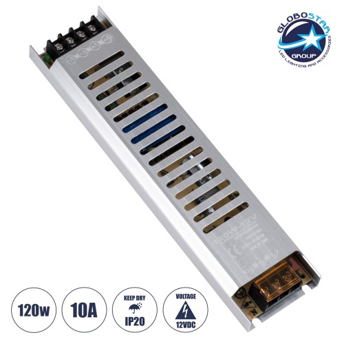 GloboStar® 73026 Μεταλλικό Τροφοδοτικό PELV Ultra Slim για Προϊόντα LED 120W 10A - AC 220-240V σε DC 12V - IP20 L22.5 x W5.4 x H2.1cm - 3 Χρόνια Εγγύηση
