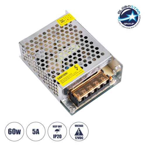 GloboStar® 73033 Μεταλλικό Τροφοδοτικό PELV για Προϊόντα LED 60W 5A - AC 220-240V σε DC 12V - IP20 - Μ11 x Π8 x Υ3.5cm - 2 Χρόνια Εγγύηση