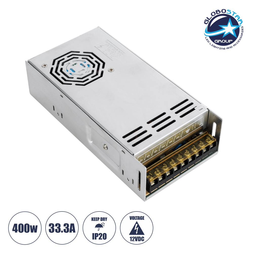 GloboStar® 73037 Μεταλλικό Τροφοδοτικό PELV για Προϊόντα LED 400W 33.3A - AC 220-240V σε DC 12V - IP20 - Μ20 x Π10 x Υ5cm - 3 Χρόνια Εγγύηση