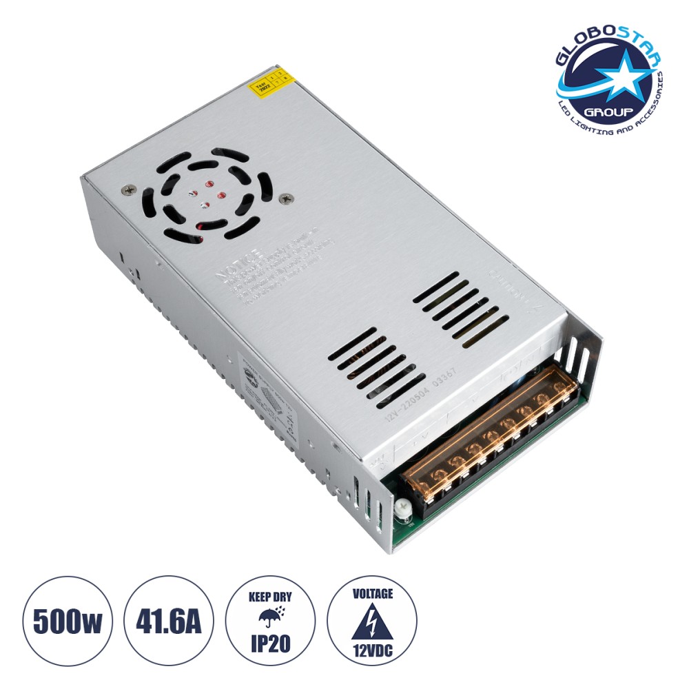 GloboStar® 73038 Μεταλλικό Τροφοδοτικό PELV για Προϊόντα LED 500W 41.6A - AC 220-240V σε DC 12V - IP20 Μ21 x Π11 x Υ5cm - 2 Χρόνια Εγγύηση