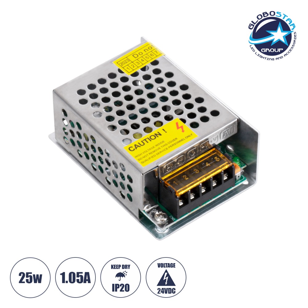 GLOBOSTAR® LUMIVOLT 73041 Τροφοδοτικό/Μετασχηματιστής PELV 25W 1.05A DC 24V IP20 - AC 220-240V σε DC 24V / Ρυθμιζόμενo από DC 22.5V έως DC 25.5V - Μ8.7 x Π5.8 x Υ3.4cm - 3 Χρόνια Εγγύηση