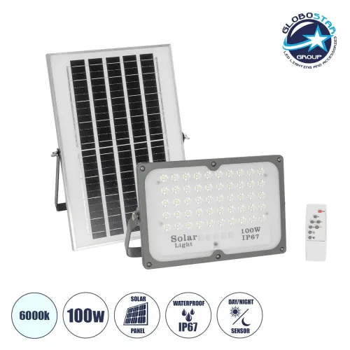 GLOBOSTAR® LUMOVOX 73067 Προβολέας LED 100W 5000lm 120° DC 5V με Φωτοβολταϊκό Panel 5V 8W & Επαναφορτιζόμενη Μπαταρία Li-ion 3.2V 5000mAh Αδιάβροχο IP67 Ψυχρό Λευκό 6000K - 120 x SMD2835 Sanan Chip - Γκρι Ανθρακί - Μ25 x Π5.5 x Υ17.5cm - 2 Χρόνια Εγγύ