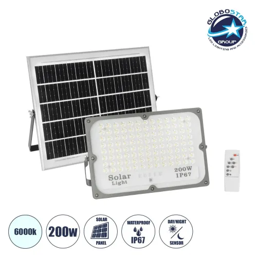 GLOBOSTAR® LUMOVOX 73068 Προβολέας LED 200W 10000lm 120° DC 5V με Φωτοβολταϊκό Panel 5V 12W & Επαναφορτιζόμενη Μπαταρία Li-ion 3.2V 10000mAh Αδιάβροχο IP67 Ψυχρό Λευκό 6000K - 180 x SMD2835 Sanan Chip - Γκρι Ανθρακί - Μ29.5 x Π5.5 x Υ19cm - 2 Χρόνια Ε