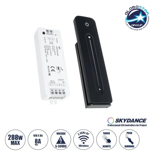 GLOBOSTAR® SKYDANCE-V1+R11 73119 DC RF 2.4Ghz Push Dimmer με RF Ασύρματο Χειριστήριο Αφής με 1 x 8A 288W Κανάλι DC 5-36V 8A 288W Max IP20 - RF 2.4Ghz & Push Dimming - Μ12.2 x Π5.3 x Υ1.7cm - 5 Χρόνια Εγγύηση