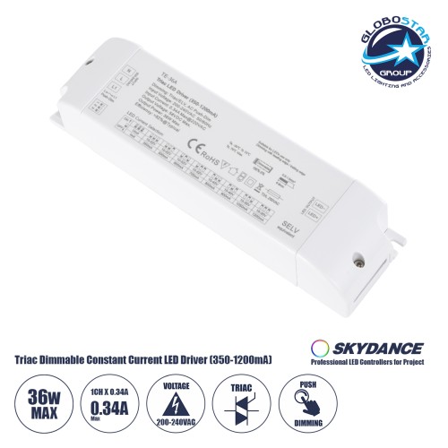 GLOBOSTAR® SKYDANCE-TE-36A 73135 DC Triac & Push Dimmer CC Τροφοδοτικό/Μετασχηματιστής SELV με 1 x 320-1200mA 36W Κανάλι AC 220-240V σε DC 10-52V 1200mA 36W Max IP20 - Triac & Push Dimming - Μ17.5 x Π4.4 x Υ3cm - 5 Χρόνια Εγγύηση