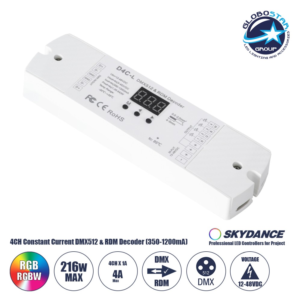 GLOBOSTAR® SKYDANCE-D4C-L 73146 DC DMX Master Dimmer / Controller / Decoder Υψηλής Ταχύτητας με 4 x 1A 54W Κανάλια DC 12-48V 4A 216W Max IP20 - DMX512 & RDM - Μ17 x Π5 x Υ2.5cm - 5 Χρόνια Εγγύηση