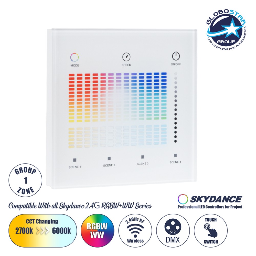 GLOBOSTAR® SKYDANCE-T15-S 73153 RF 2.4Ghz DMX  Ασύρματο Χειριστήριο 1 Group για όλα τα SKYDANCE DMX512 Controller AC 100-240V Max 0.1A IP20 - Μ8.5 x Π8.5 x Υ3.5cm - 5 Χρόνια Εγγύηση