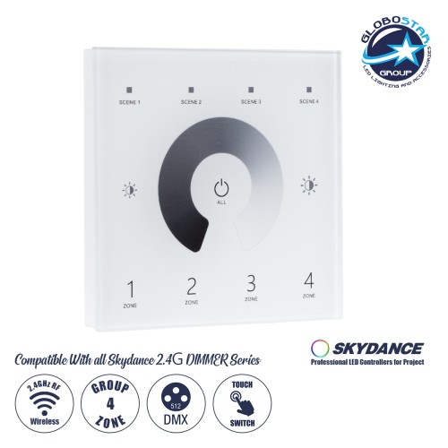 GloboStar® 73159 T11 SKYDANCE Ασύρματο DMX512 Επιτοίχιο Χειριστήριο RF 2.4Ghz 4 Group για όλα τα SKYDANCE DMX512 Controller AC 100-240V Max 0.1A - IP20 Μ8.5 x Μ8.5 x Π8.5 x Υ3.5cm - 5 Χρόνια Εγγύηση