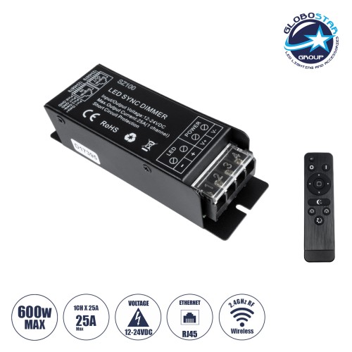 GLOBOSTAR® DIMMERIO 73311 Σετ Dimmer με RF Ασύρματο Χειριστήριο με 1 x 25A 600W Κανάλι DC 12-24V 25A 600W Max IP20 - RF2.4Ghz SYNC - Μ12.7 x Π4 x Υ3.2cm - 2 Χρόνια Εγγύηση