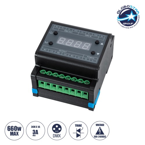 GLOBOSTAR® DIMMERAIL 73372 AC Trailing Edge DMX Dimmer Ράγας με 3 x 1A 220W Κανάλια AC 220-240V 3A 660W Max IP20 - DMX512 & RDM - Μ8 x Π9 x Υ6cm - 5 Χρόνια Εγγύηση