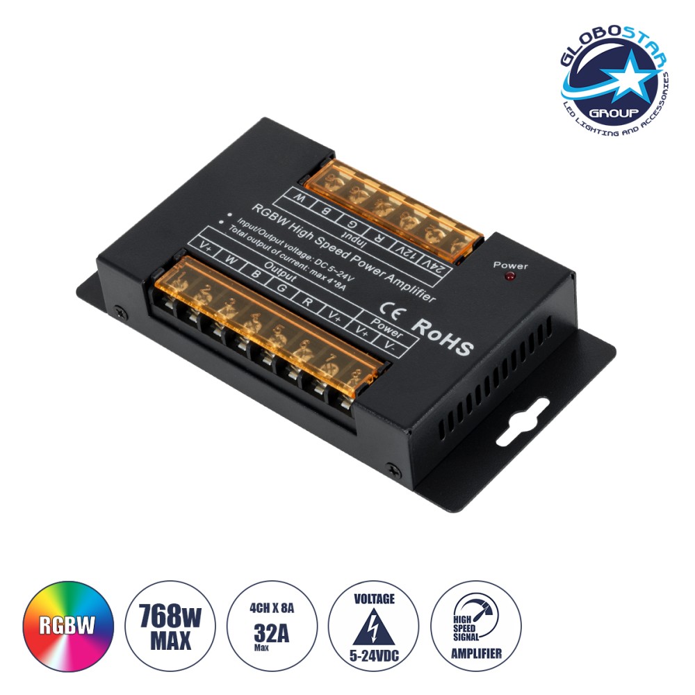 GLOBOSTAR® RGBWAMPLIFIER 73394 DC Ενισχυτής Ισχύος & Σήματος Υψηλής Ταχύτητας με 4 x 8A 192W Κανάλια DC 5-24V 32A 720W Max IP20 - Μ14.5 x Π7.5 x Υ2.5cm - 3 Χρόνια Εγγύηση