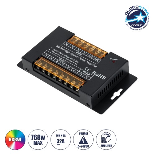 GLOBOSTAR® RGBWAMPLIFIER 73394 DC Ενισχυτής Ισχύος & Σήματος Υψηλής Ταχύτητας με 4 x 8A 192W Κανάλια DC 5-24V 32A 720W Max IP20 - Μ14.5 x Π7.5 x Υ2.5cm - 3 Χρόνια Εγγύηση