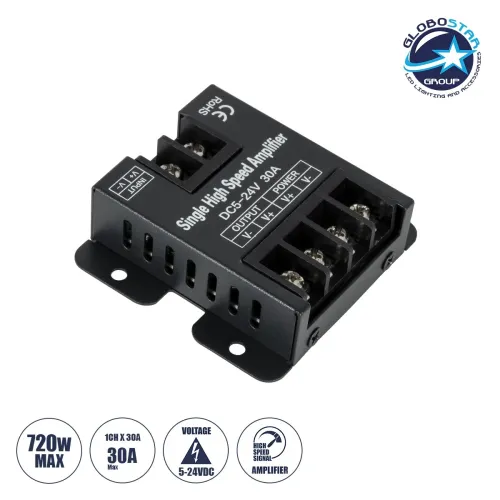 GLOBOSTAR® AMPLIFIER 73396 DC Ενισχυτής Ισχύος & Σήματος Υψηλής Ταχύτητας με 1 x 30A 720W Κανάλια DC 5-24V Max IP20 - Μ6.3 x Π6.7 x Υ2cm - 3 Χρόνια Εγγύηση