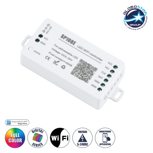 GLOBOSTAR® SP108E 73409 WiFi 2.4G Ψηφιακός Pixel Addressable Controller DC 5-12-24V IP20 - WiFi 2.4G - SPI/TTL Protocol 2048 IC - Μ8.1 x Π4.3 x Υ2.1cm - 2 Χρόνια Εγγύηση