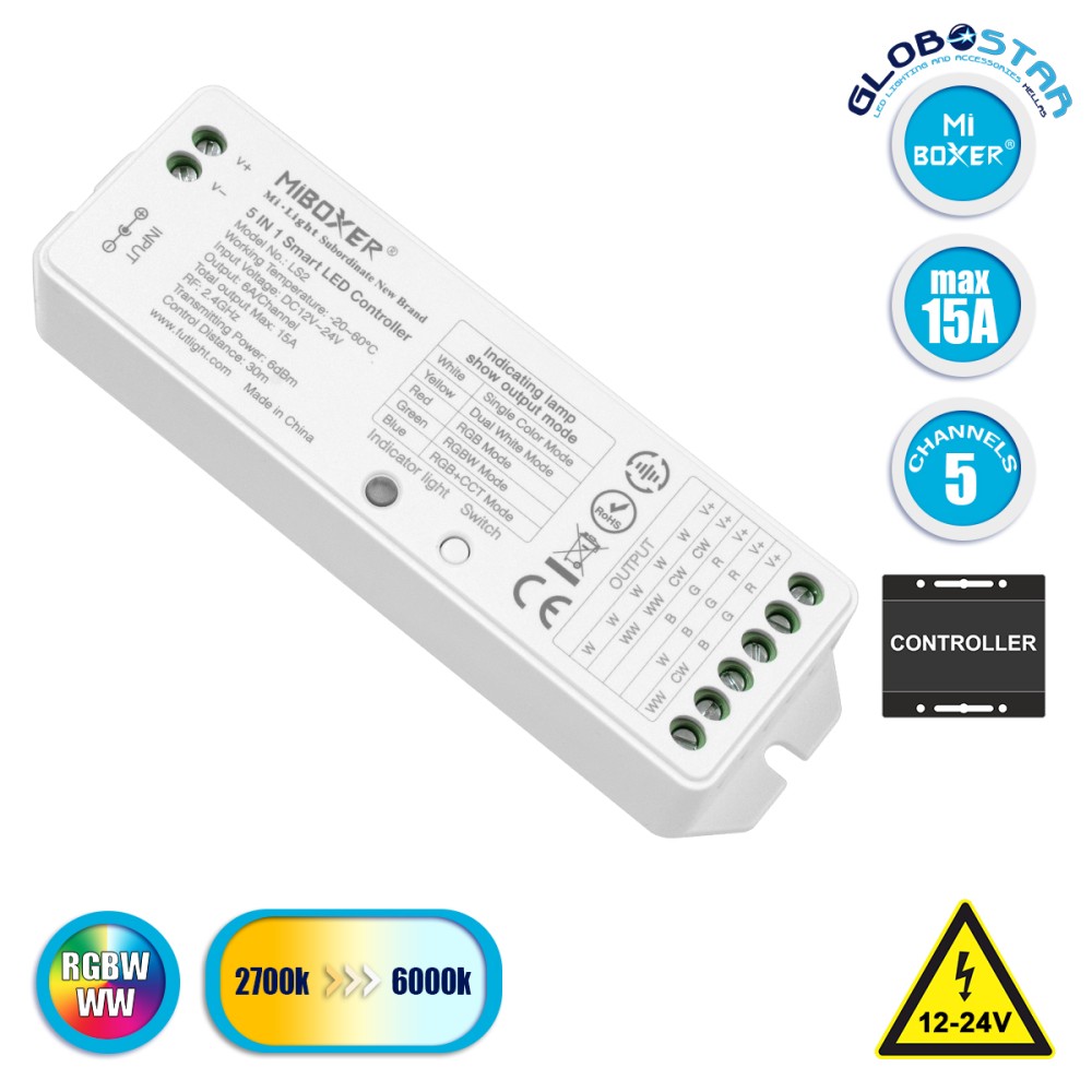 GloboStar® MiBOXER-LS2 73422 DC RF 2.4Ghz 5 in 1 Dimmer High Speed Controller / Dimmer 5 Καναλιών DC 12-24V 5 x 3A 72W - Max 15A 360W - IP20 RGBW+WW Μ13 x Π5 x Υ2.5cm - 5 Years Warranty