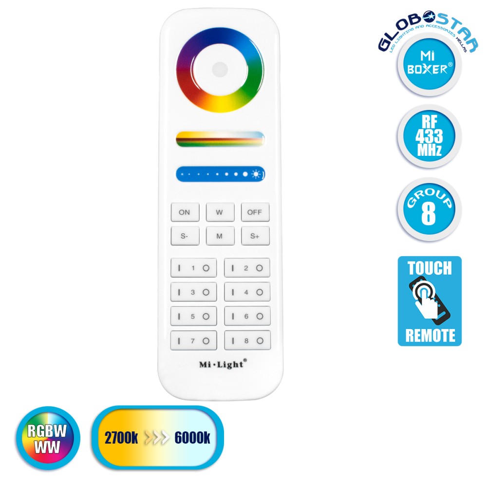 GLOBOSTAR® MiBOXER-FUT089 73426 Ασύρματο Χειριστήριο Αφής 8 Ζωνών RGBW+WW DC 3V(2 x AAA) IP20 - RF 2.4GHz - Λευκό - Μ15.6 x Π5.4 x Υ2.5cm - 3 Χρόνια Εγγύηση