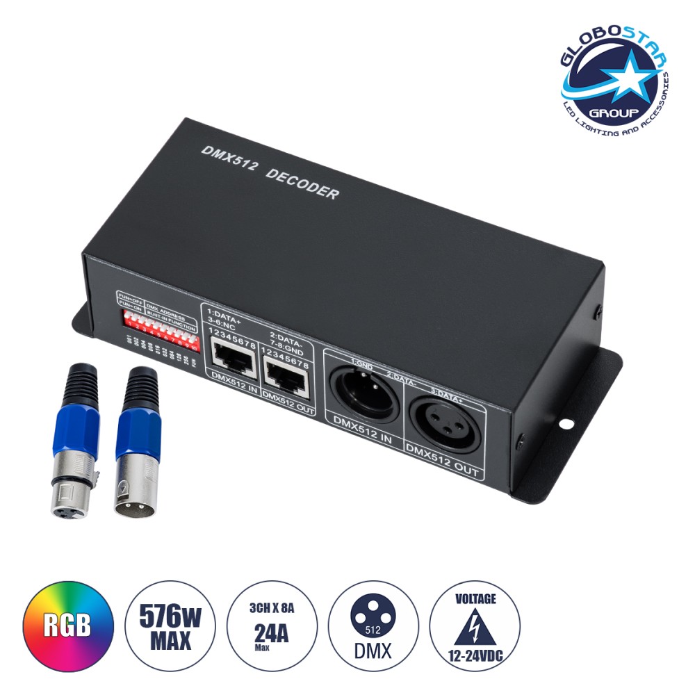 GLOBOSTAR® RGBCONTROLLER 73490 DC DMX Master Dimmer / Controller / Decoder Υψηλής Ταχύτητας με 3 x 8A 192W Κανάλια DC 12-24V 24A 576W Max IP20 - DMX512 & RDM - Μ16 x Π9 x Υ6cm - 2 Χρόνια Εγγύηση