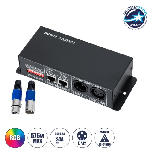 GLOBOSTAR® RGBCONTROLLER 73490 DC DMX Master Dimmer / Controller / Decoder Υψηλής Ταχύτητας με 3 x 8A 192W Κανάλια DC 12-24V 24A 576W Max IP20 - DMX512 & RDM - Μ16 x Π9 x Υ6cm - 2 Χρόνια Εγγύηση